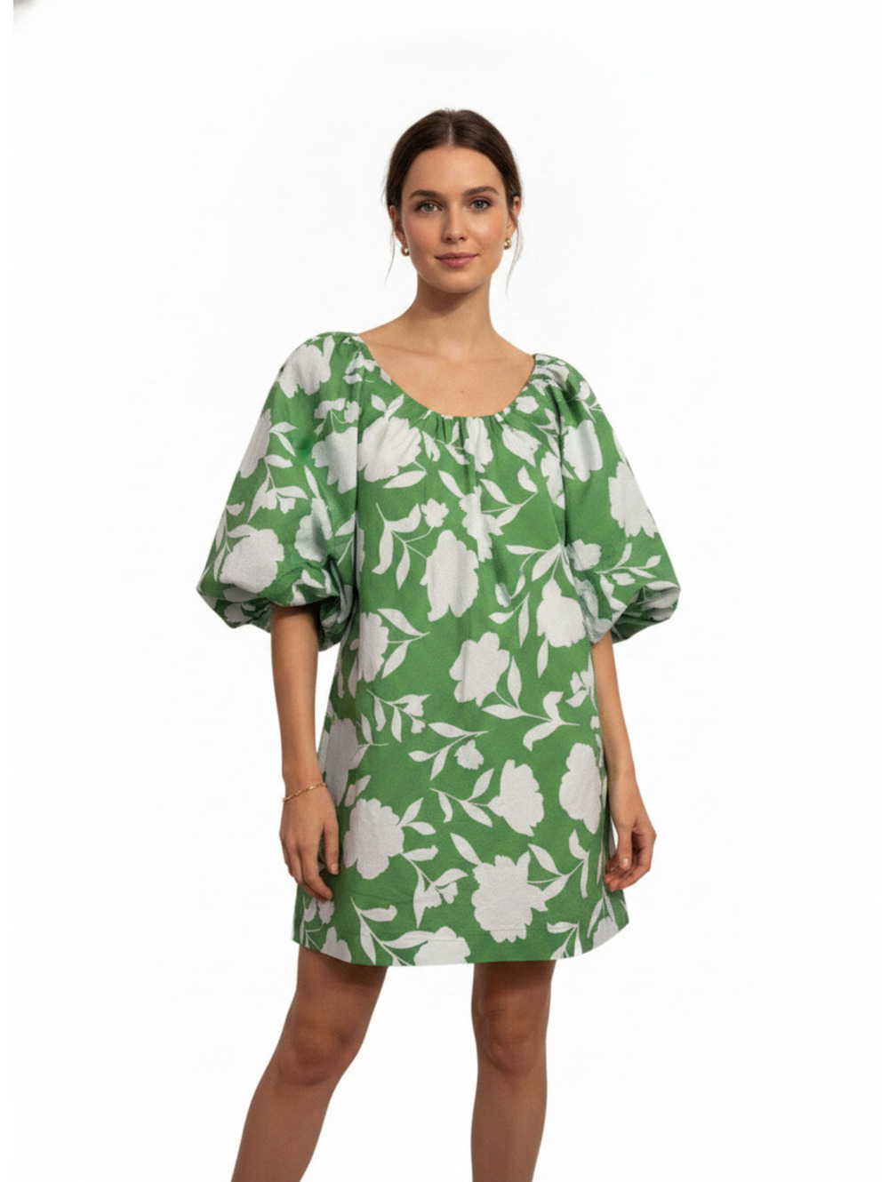 Kate Spade Green and White Floral Puff Sleeve Dress Size L
